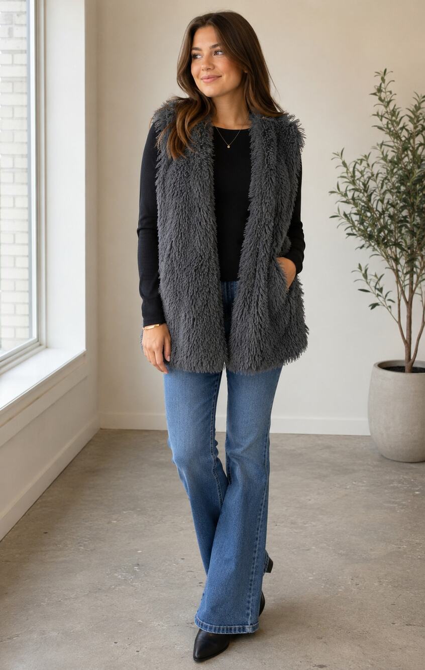 Angie Faux Fur Shaggy Vest Womens Size Large Pockets Gray Lined Soft